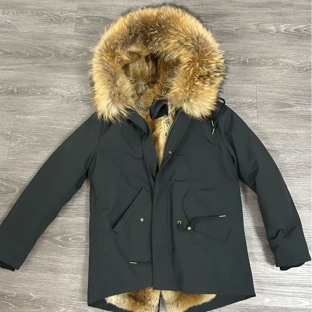 Custom made black coat with genuine rabbit fur.